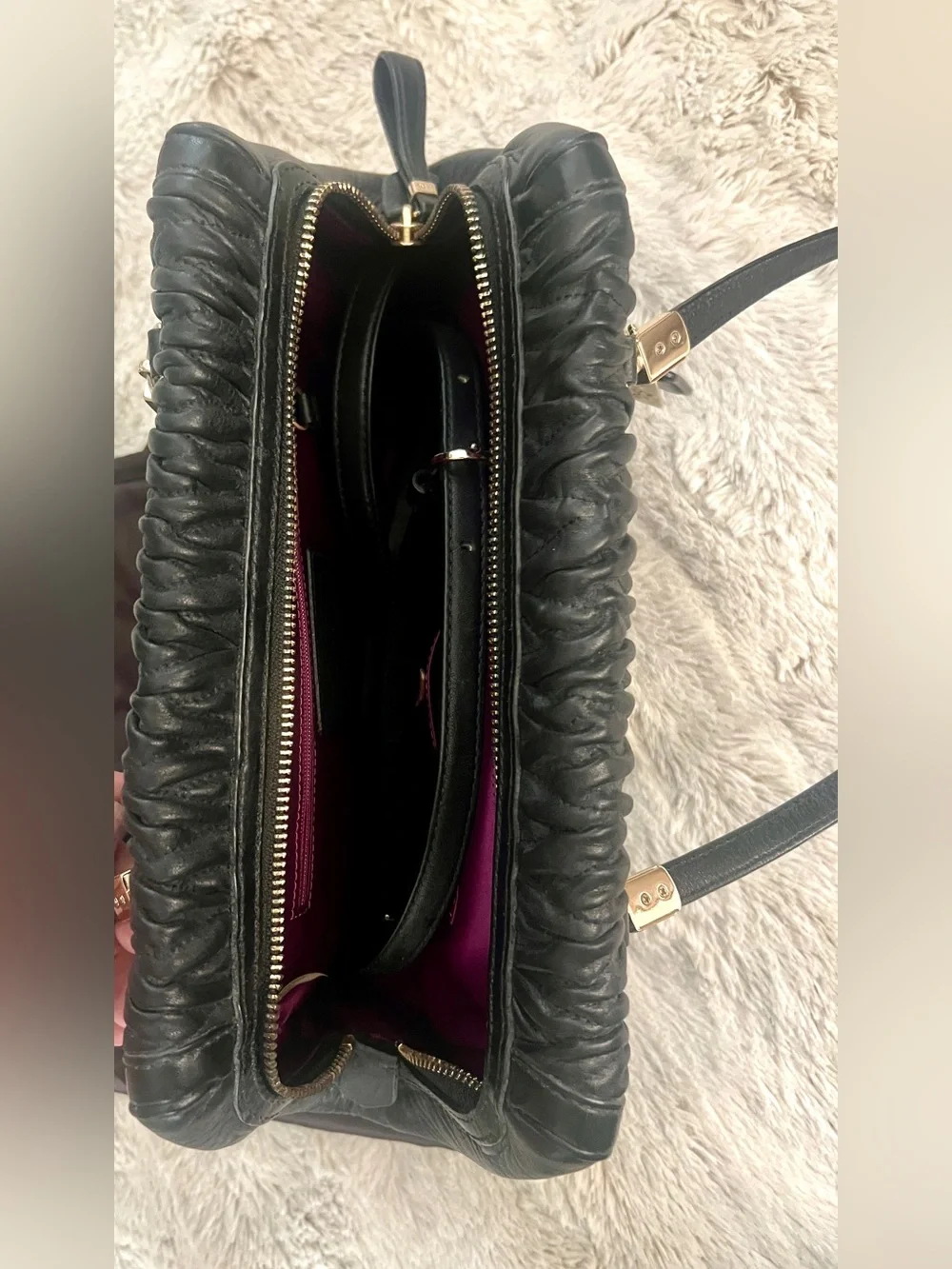 Coach Madison Gathered Black Leather Small Madeline Satchel with Gold Hardware